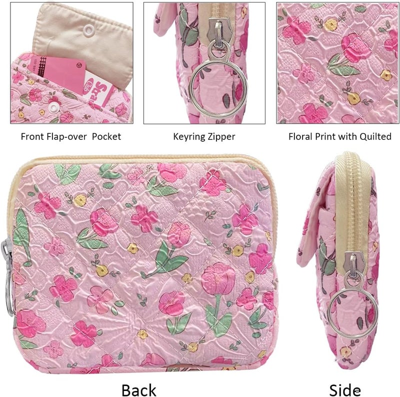 Modacarry Store Cotton Quilted Floral Coin Pouch with Cute Prints Zipper for Women Girls (PINK TULIP) - Image 4